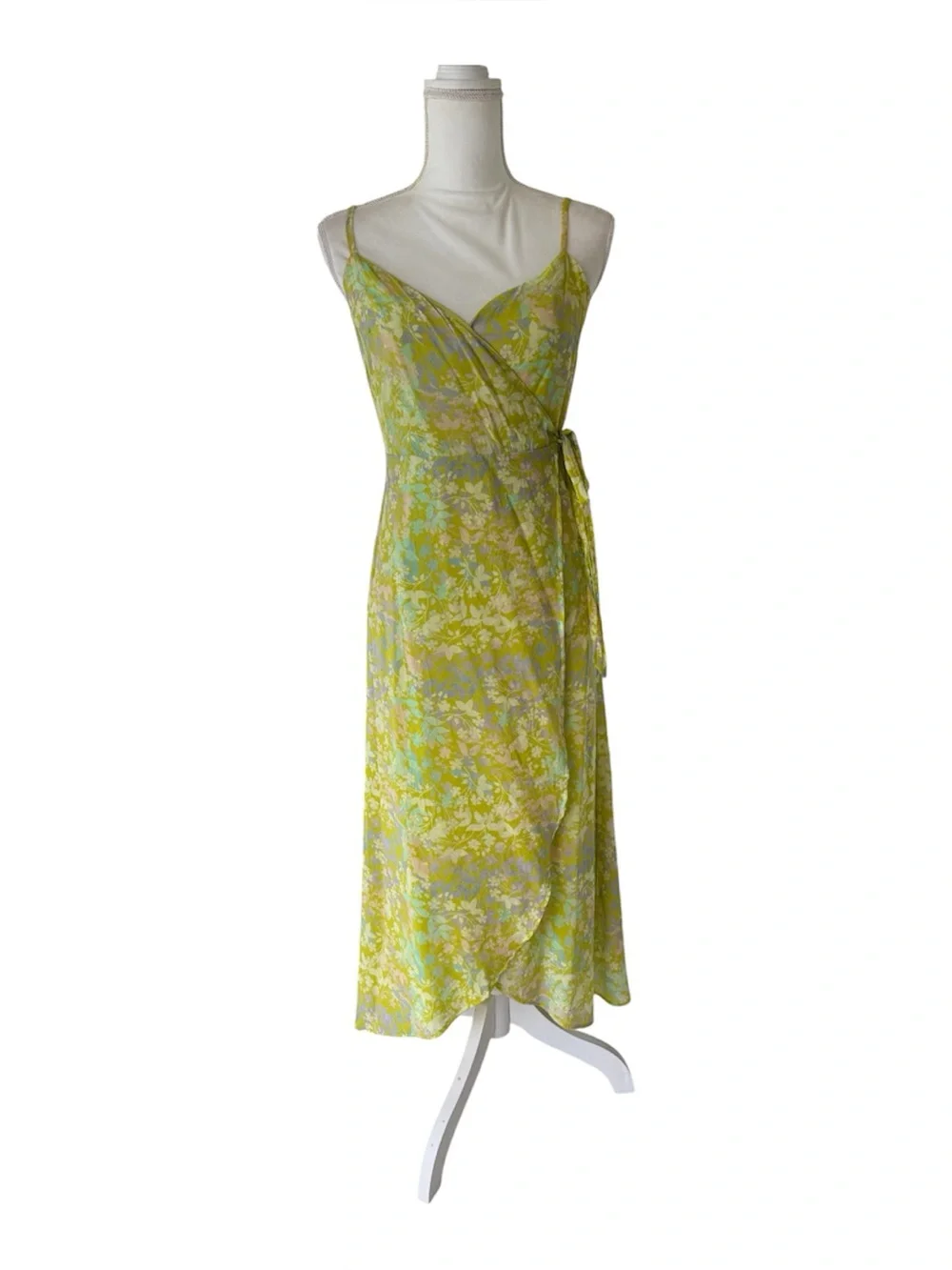 On Twelfth Wrap dress soft green watercolor florals flowing summer womens